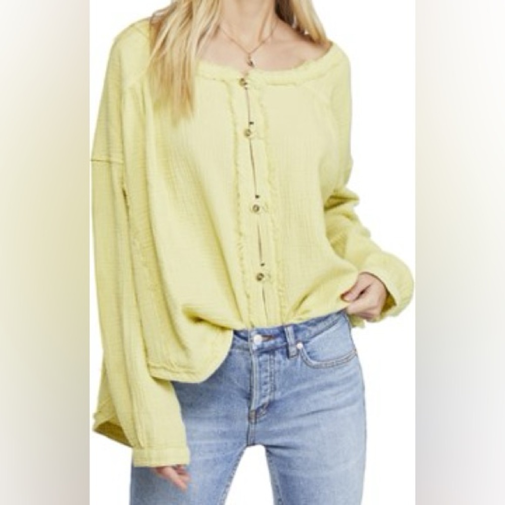 Free People Yellow Green Gauze Button-Up Women Top size medium